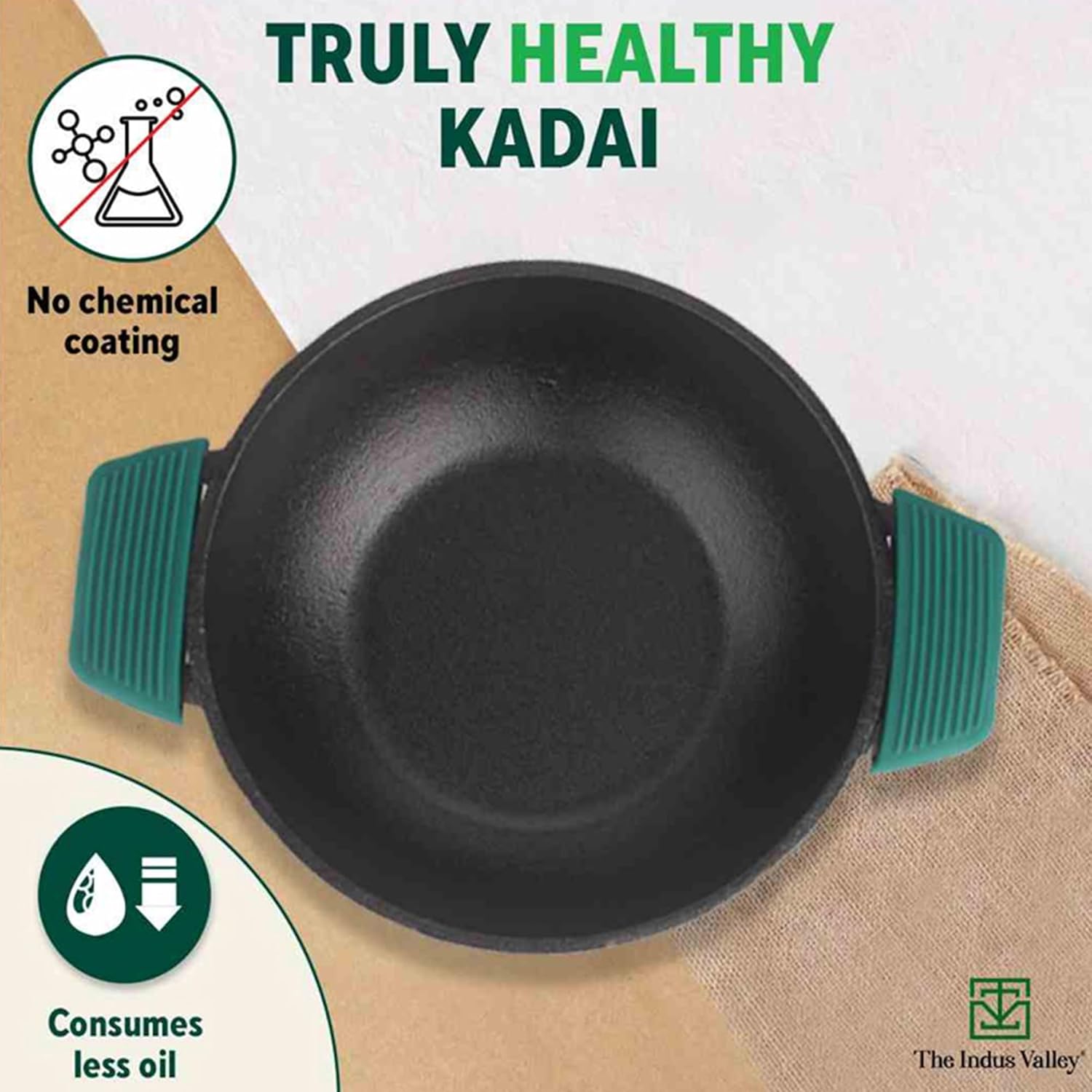 Super Smooth Cast Iron Kadai With Flat Handles & Silicon Grip - Medium, 25.4cm, 10 Inch, 2.5 Liters, 2.4 Kg | Naturally Nonstick, 100% Pure & Toxin-Free, No Chemical Coating