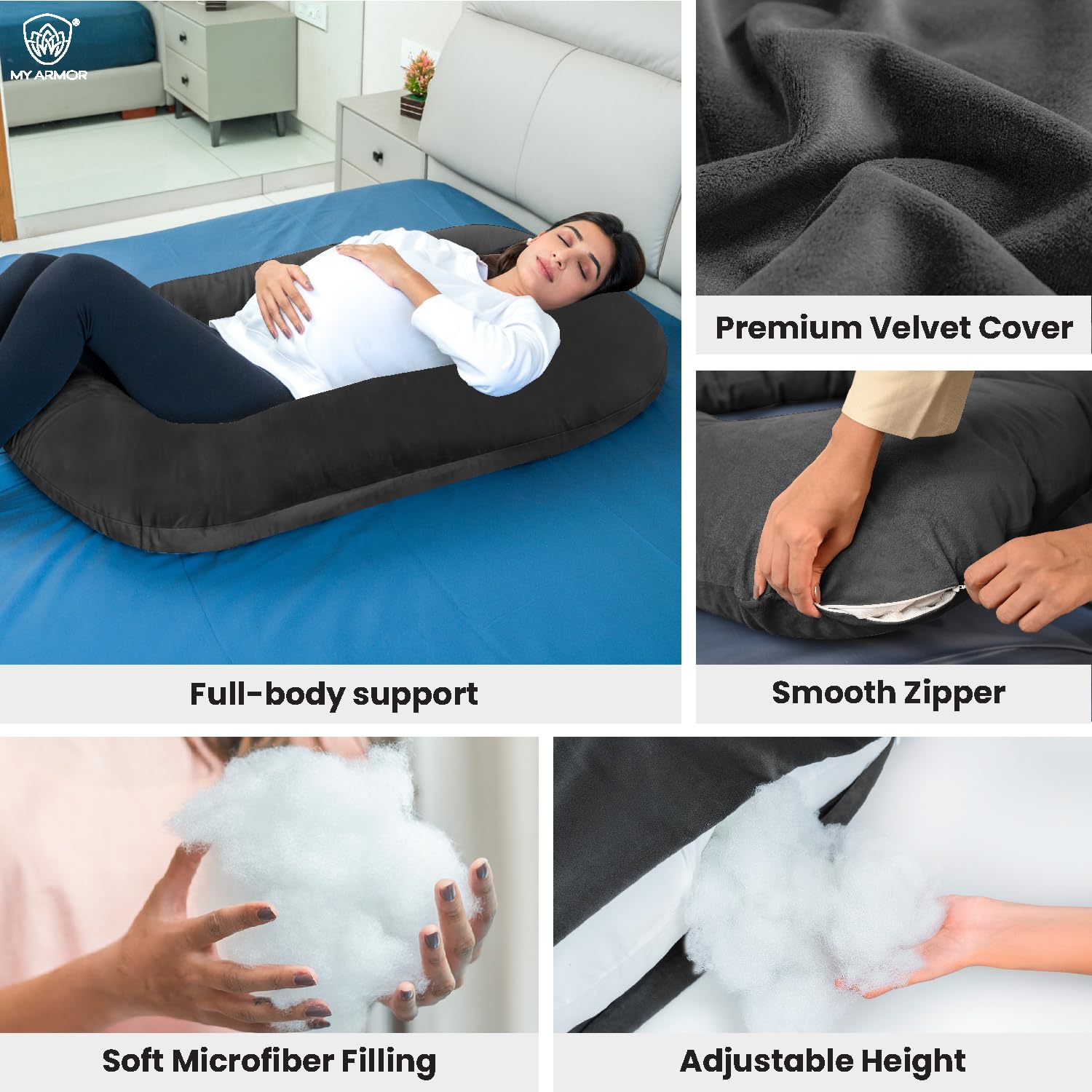 Full Body J Shape Pregnancy Pillow For Women, Maternity Pillow, Dark Grey | Pillow Gift For Pregnancy Sleeping, Premium Velvet Cover With Zip | Adjustable & Washable, Multipurpose Pillow