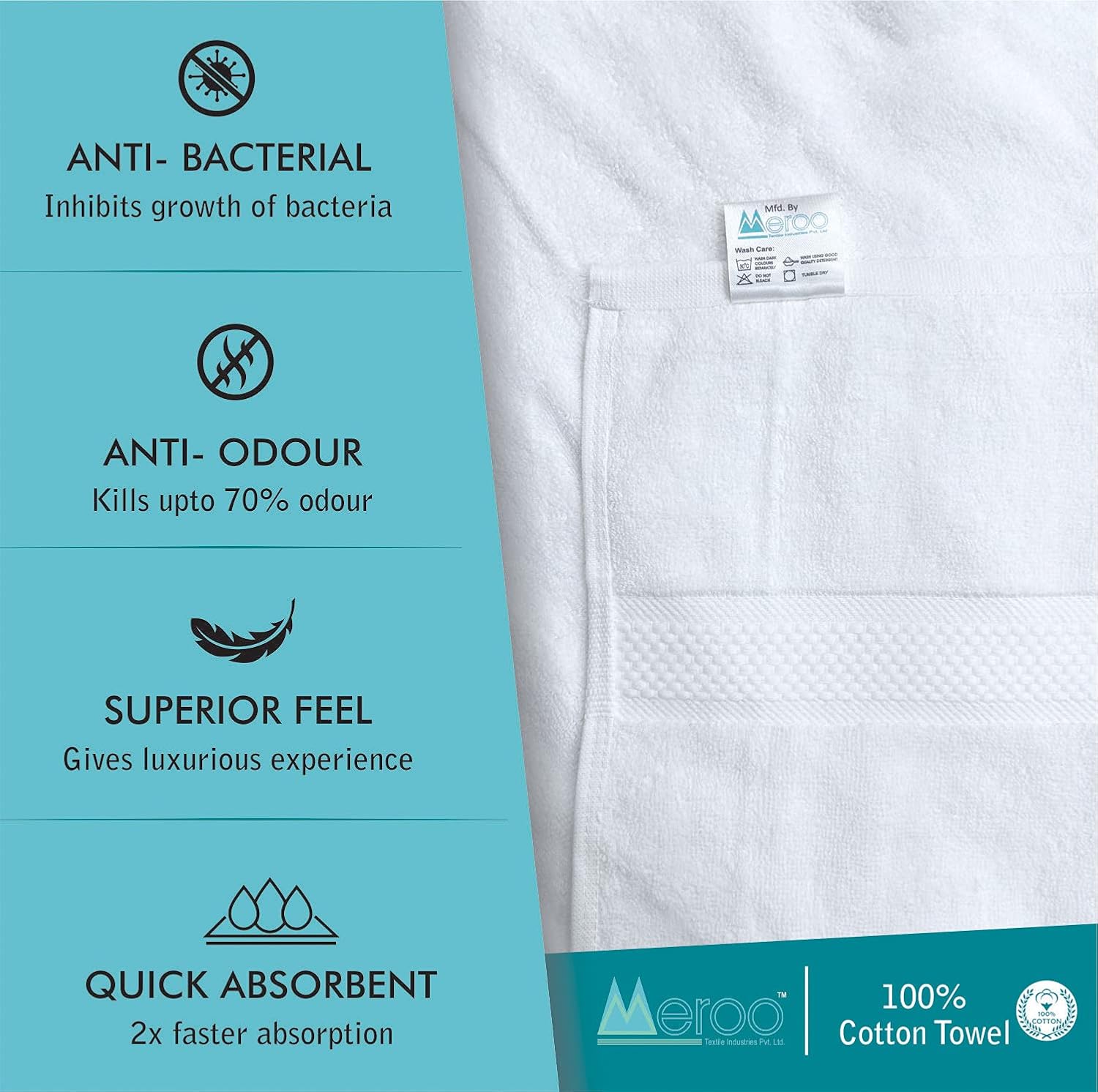 Meroo Diamond Cotton Large Bath Towel For Hotel & Spa 1500 Gsm (White) - Pack Of 3