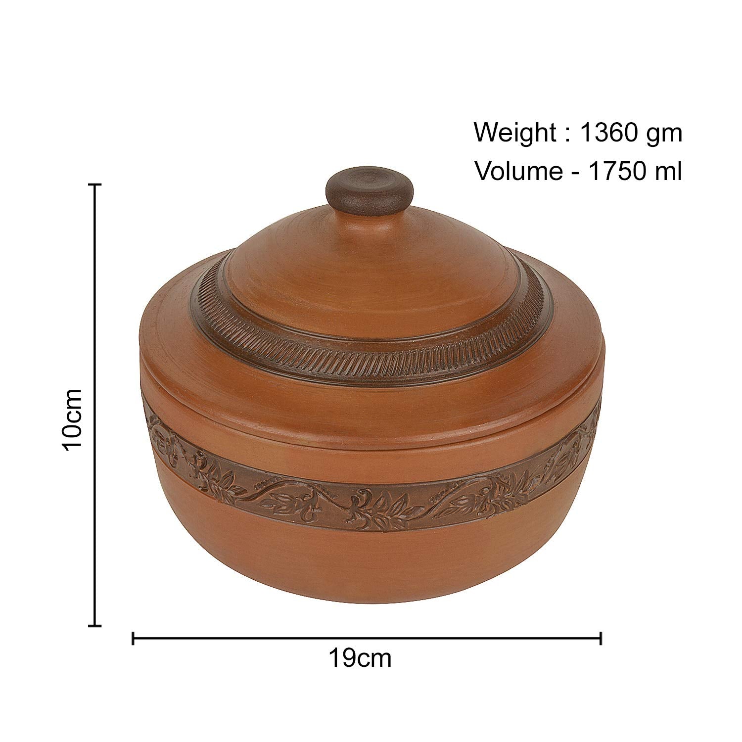 Handcrafted Ornately Designed Earthenware Bowl With Lid - Brown, 1.8 Liters | Clay Casserole With Lid - Cooking & Serving Pot