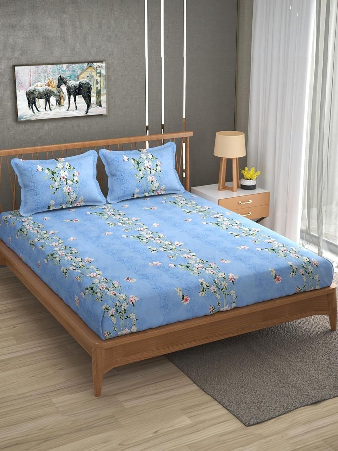 Double Bedsheet For Queen Size With Tow Pillow Cover - 72 X 72 Inches, Sky Blue | All Around Elastic Fitted Breathable & Durable, Soft Touch & Perfect For All Seasons