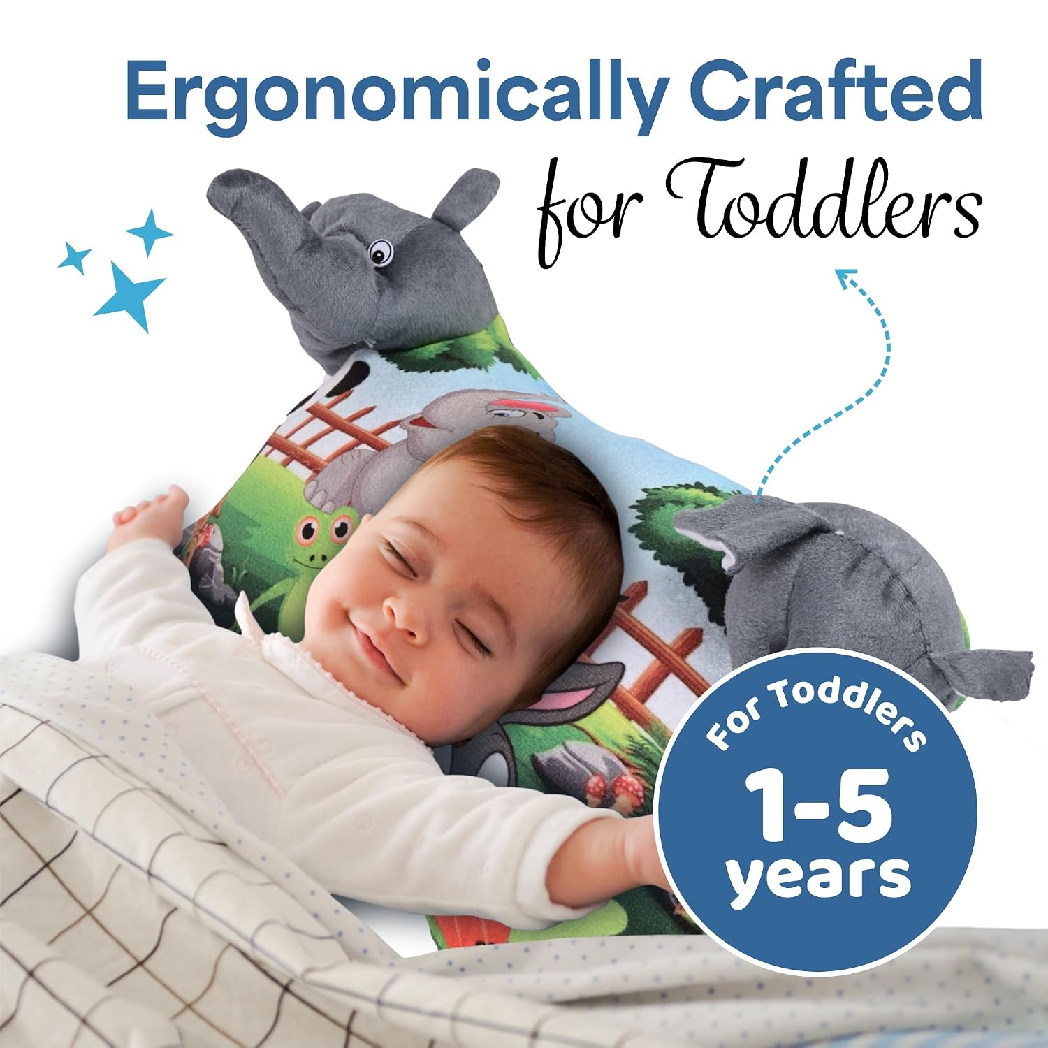 Soft & Cozy Pillow For Kid's, Comfortable Pillow For 2 Year Old's Elephant Print, Grey - 12x18 Inches | Suitable For All Sleepers, Multipurpose & Comfortable, Breathable - Pack Of 2