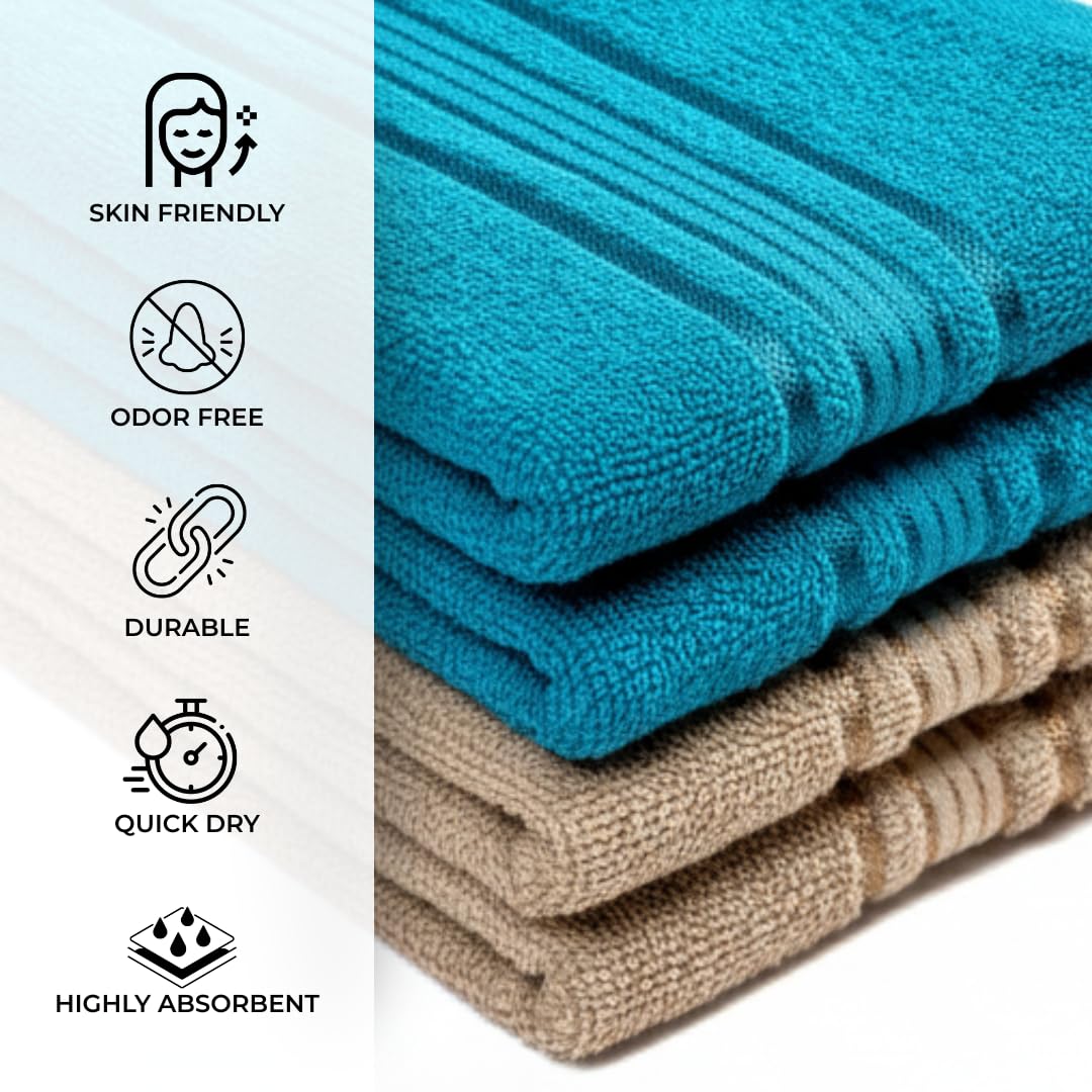 Akiko Home 100% Cotton Essential Series Hand Towels 800 Gsm | Soft, Absorbent & Durable, Cotton Hand Towel For Bathroom Use, Gentle On Skin- Pack Of 4 (Teal & Beige)