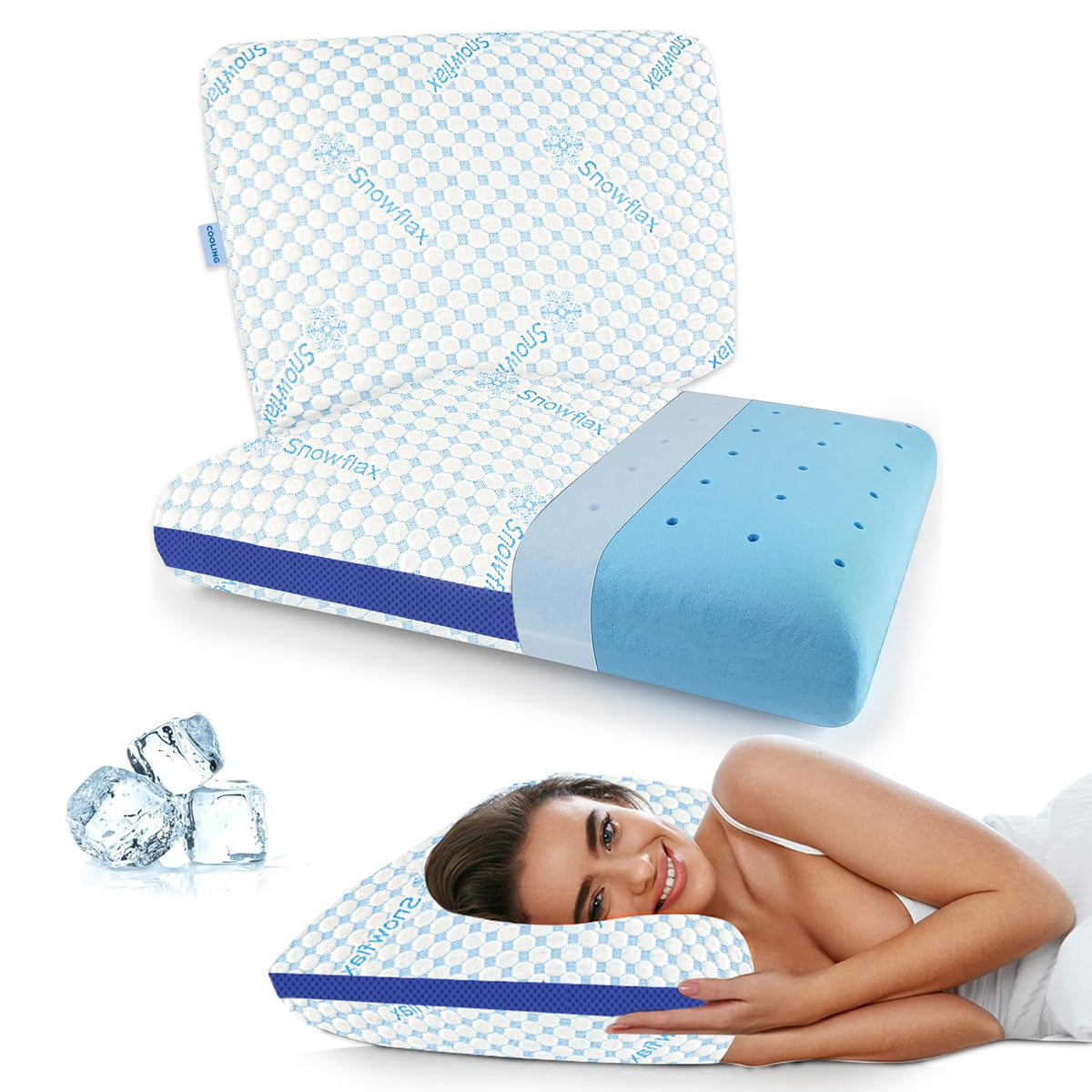Cooling Memory Foam Pillow For Neck & Shoulder Pain, White & Blue | Orthopedic Pillow For Sleeping, Pain Relief & Spinal Alignment | Ergonomic Design, Durable & Washable - Set Of 2