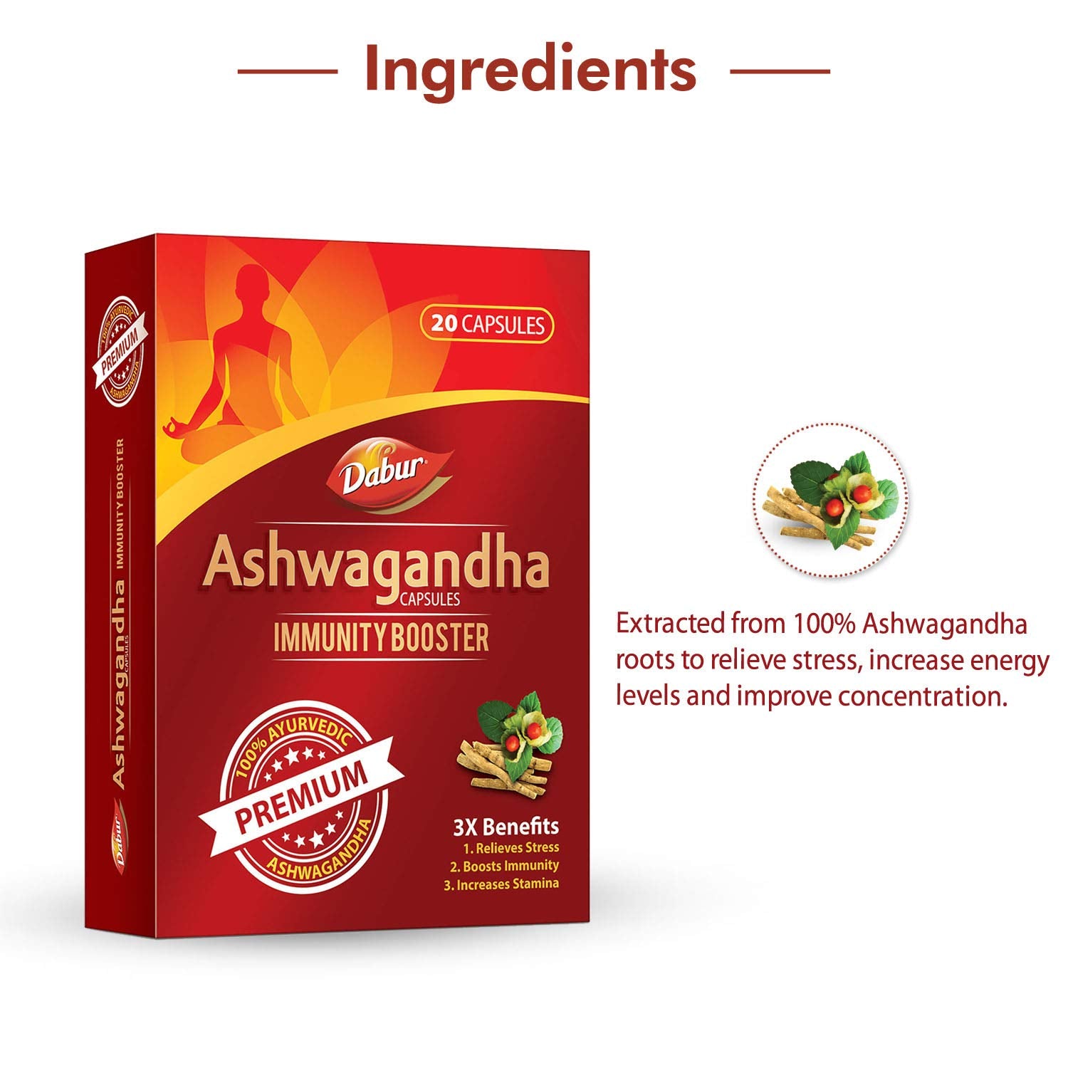 Dabur Ashwagandha Capsules Immunity Booster 100% Ayurvedic, Relieves Stress & Increases Stamina, Immunity Booster | 20 Capsules 50gm 0.1lbs