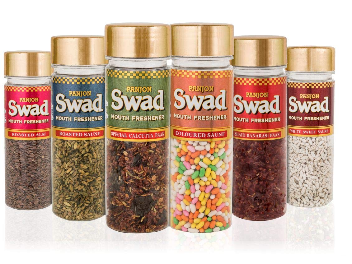 Panjon Swad White Sweet Saunf, Coloured Saunf, Calcutta Paan, Banarasi Paan, Roasted Saunf, Roasted Alsi Mouth Freshener 670gm, (110gm *6)