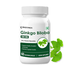 Biotrex Nutraceuticals Ginkgo Biloba With Brahmi 500mg, Supports Memory & Better Concentration, Healthy Blood Circulation, 24% Flavone Glycosides | 60 Veg Capsules 100gm 0.2lbs