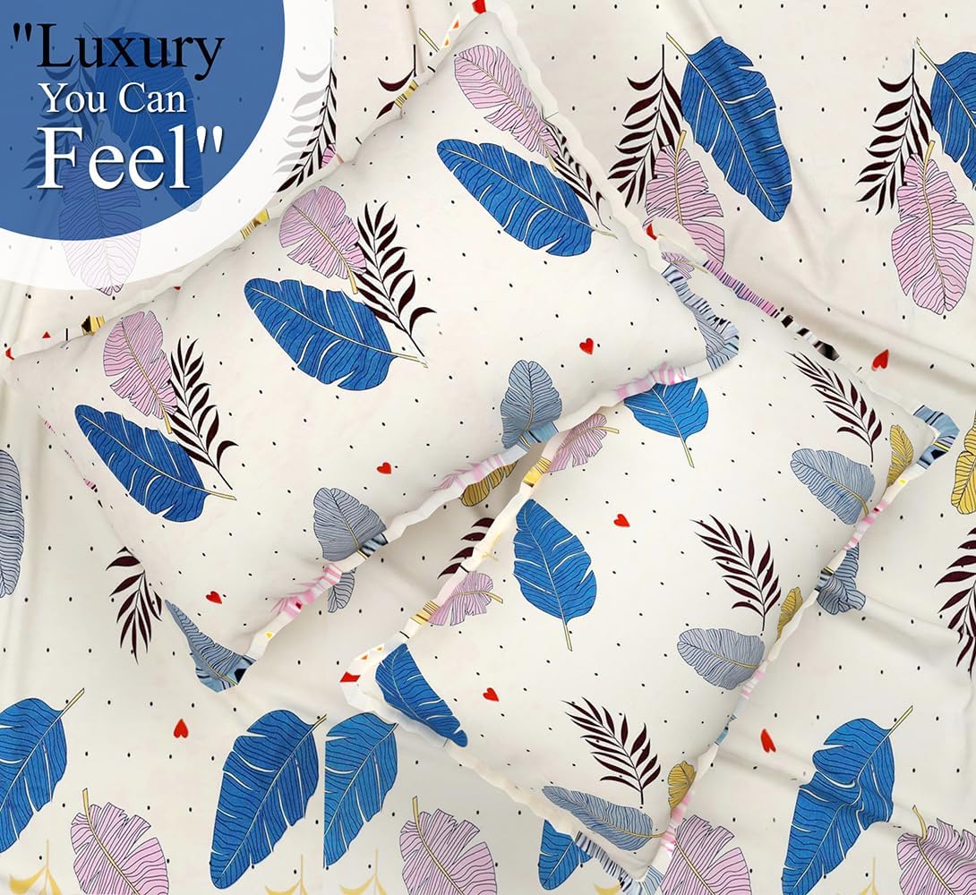Elastic Fitted Double Bedsheets For Queen Size With 2 Pillow Covers - Size 72 X 68 X 6 Inches, Cream & Blue | Double Bed With Corner Elastic | Wrinkle Free Super Soft Floral Breathable