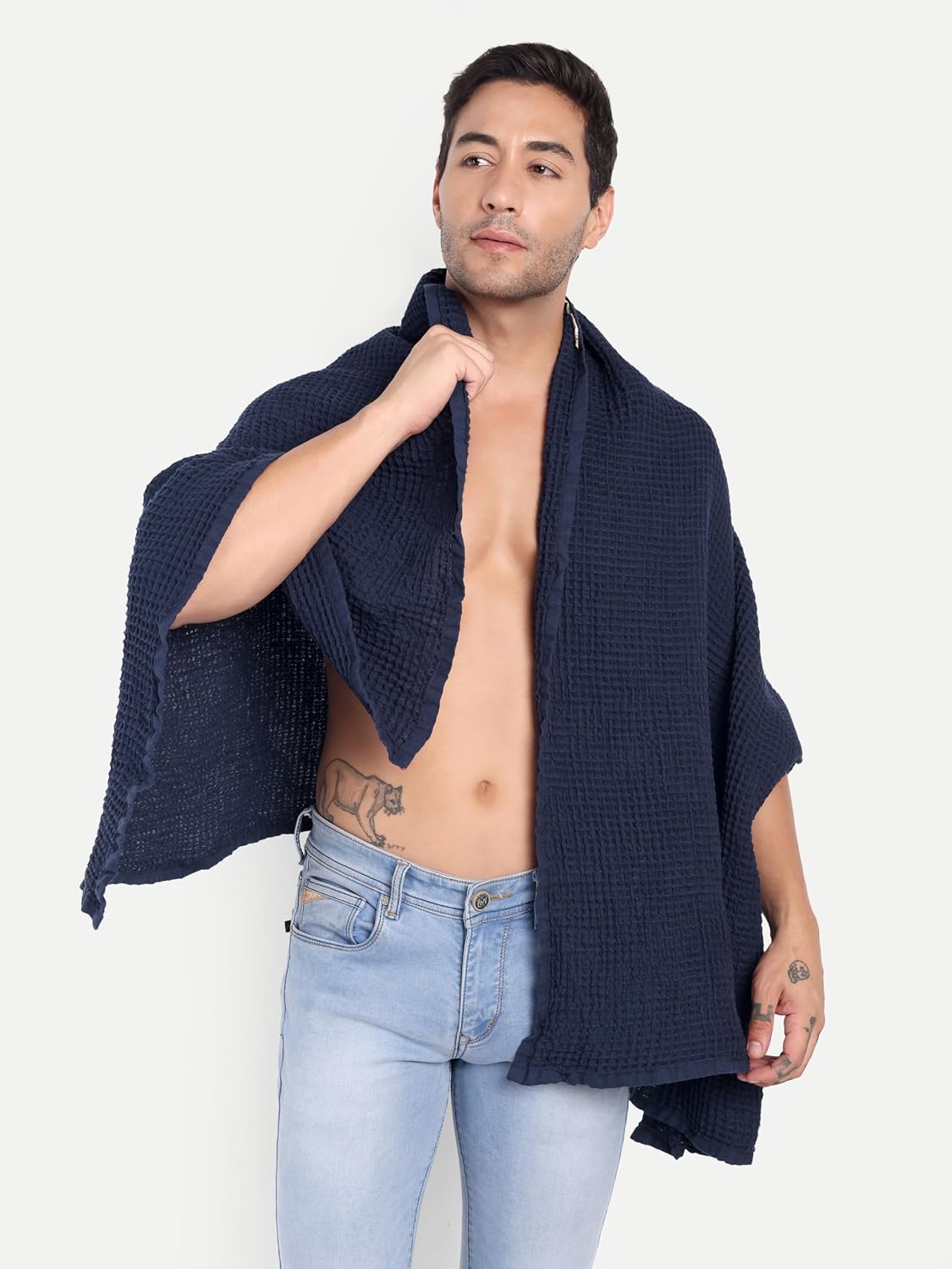 Hamelin The Ezra Waffle Weave Bath Towel 280 Gsm | Pure Cotton Lightweight & Water Absorbent | Softer Touch, Quick Dry Towels For Men | Ideal For Travel (Navy Blue)