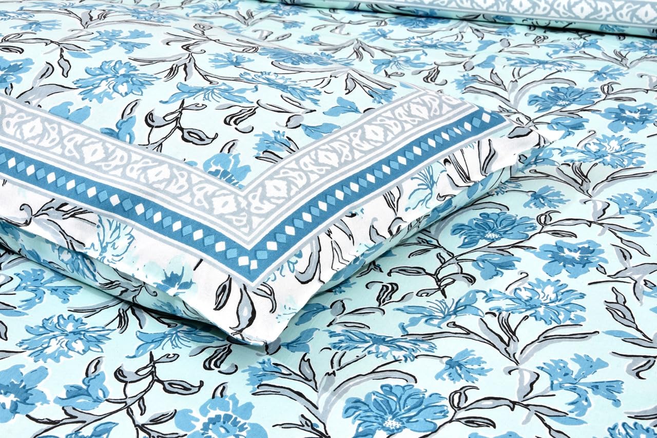 Hand Printed Cotton Bedsheet For King Size With 2 Pillow Covers | 90 X 108 Inches, White & Aqua | Ultra-Soft & Skin-Safe | Breathable Summer Comfort