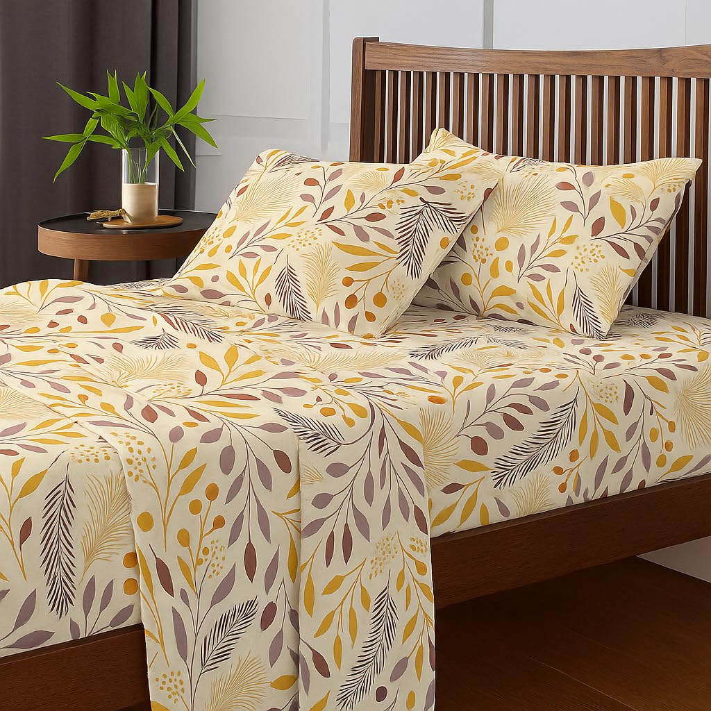 King Size Bedsheet With 2 Pillow Covers - 108 X 108 Inches, Cream & Brown | Wrinkle & Fade Resistant Bedding | Perfect For Homes, Hotels, Villas, Resorts & Guest Houses