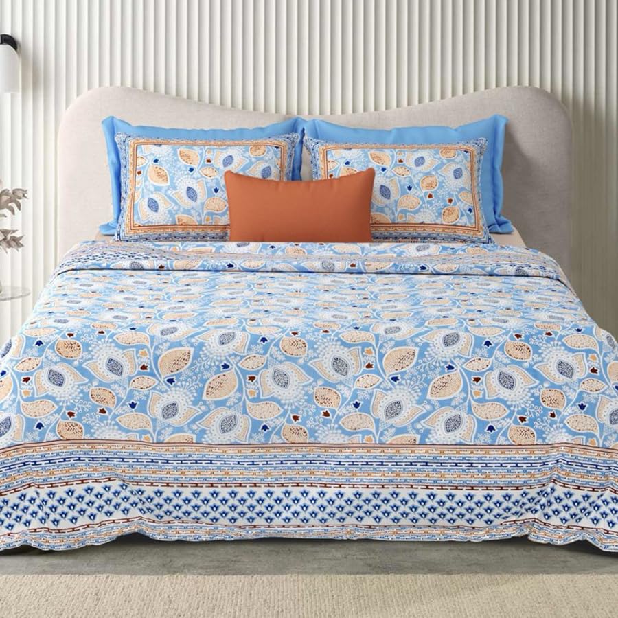 Double Bedsheet For King Size With 2 Matching Pillow Covers (90 X 108 Inches) Blue & Brown | Pure Cotton Jaipuri Bedsheet | Cotton Bedsheet Is Suitable For All Seasons