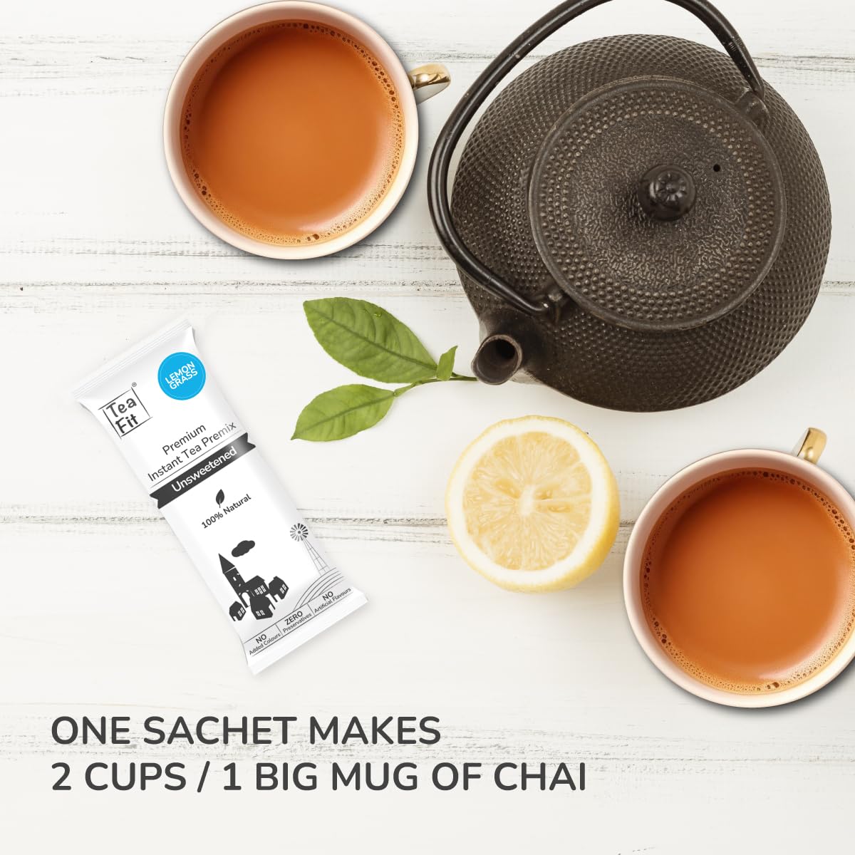 Teafit Unsweetened Instant Lemongrass Tea Premix - Pack Of 100 Sachets, 1.4 Kg, 49.3 Ounce | Premium Milk Tea Premix, Just Add Water - Strong Home Like Chai Tea | Low Caffeine