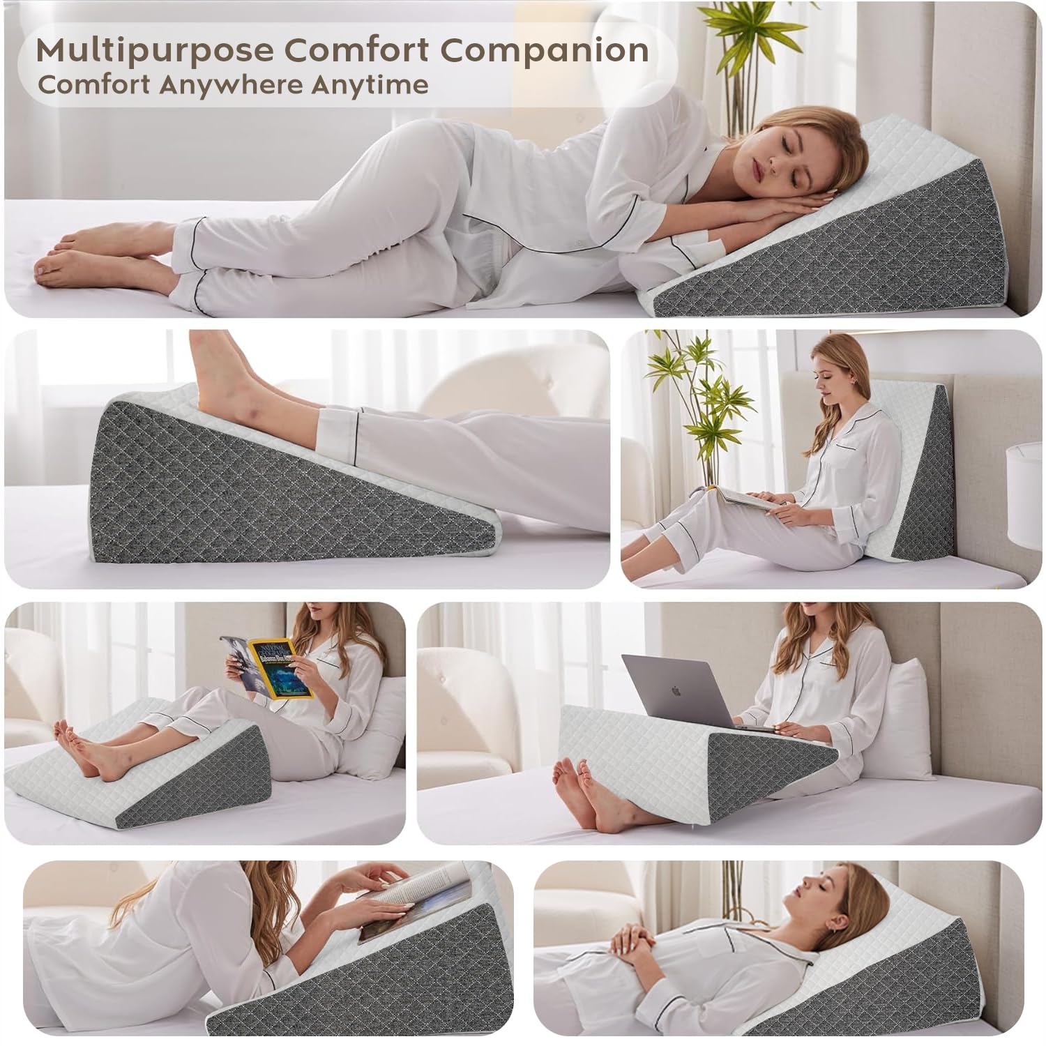 Wedge Cushion, Orthopedic Wedge Pillow For Bed, Neck Pain, White & Grey - 20 X 19.5 X 10 Inch | For Acid Reflux, Snoring, Gerd, Leg Elevation & Pregnancy | High-Resilience Memory Foam Pillow