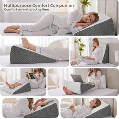Wedge Cushion, Orthopedic Wedge Pillow For Bed, Neck Pain, White & Grey - 20 X 19.5 X 10 Inch | For Acid Reflux, Snoring, Gerd, Leg Elevation & Pregnancy | High-Resilience Memory Foam Pillow