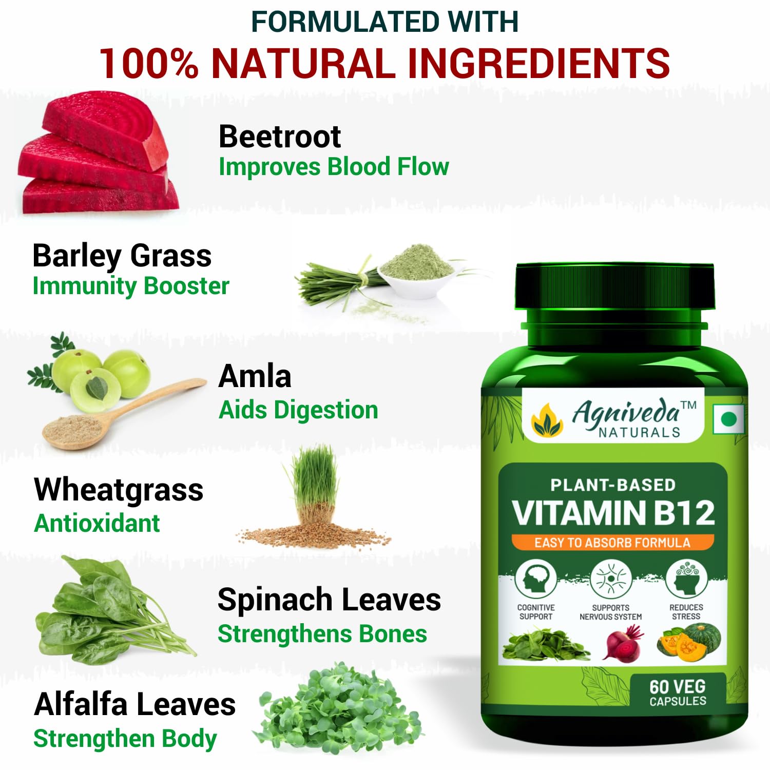 Agniveda Plant Based Vitamin B12 For Men & Women , Natural Formulation For Vegetarians & Vegans To Support Nervous System & Brain Function | 60 Capsules , 100gm 0.2lbs