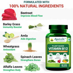 Agniveda Plant Based Vitamin B12 For Men & Women , Natural Formulation For Vegetarians & Vegans To Support Nervous System & Brain Function | 60 Capsules , 100gm 0.2lbs
