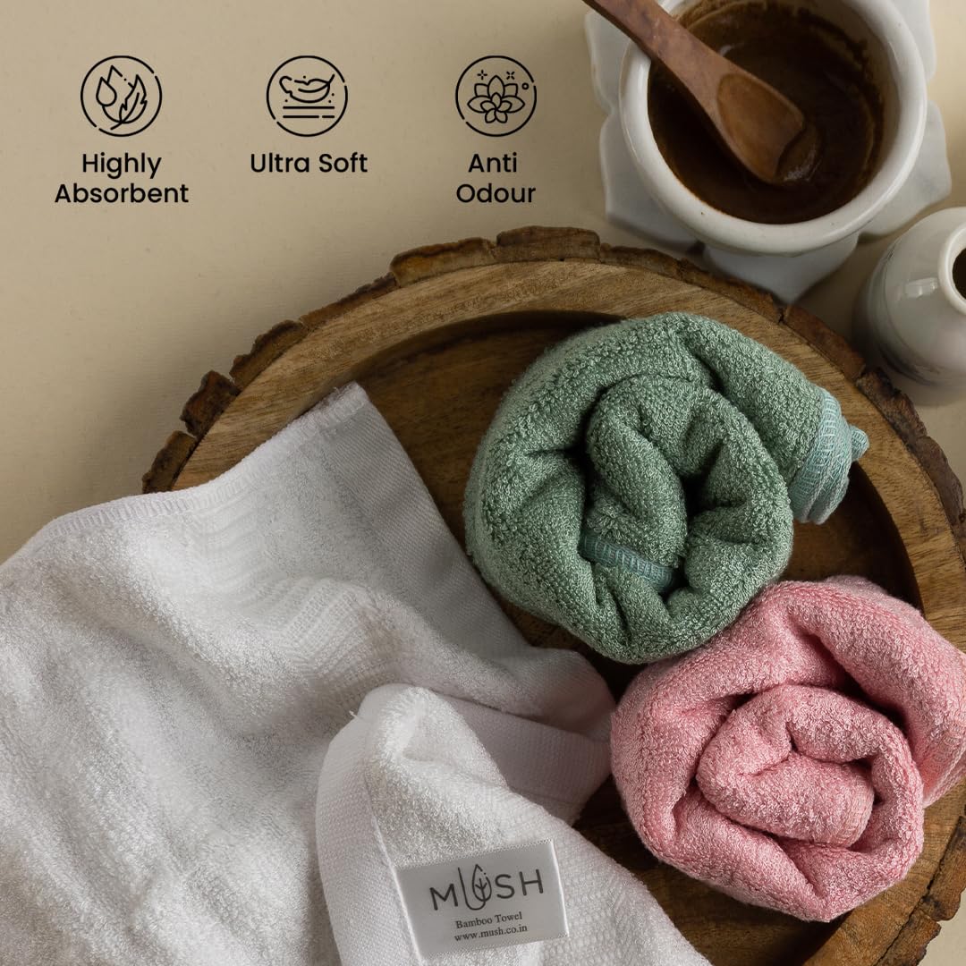 Mush 100% Bamboo Face Towel 2400 Gsm | Ultra Soft, Absorbent, Quick Dry Towels For Facewash, Gym, Pool, Sports, & Travel - Green, Pink & White (Pack Of 12)