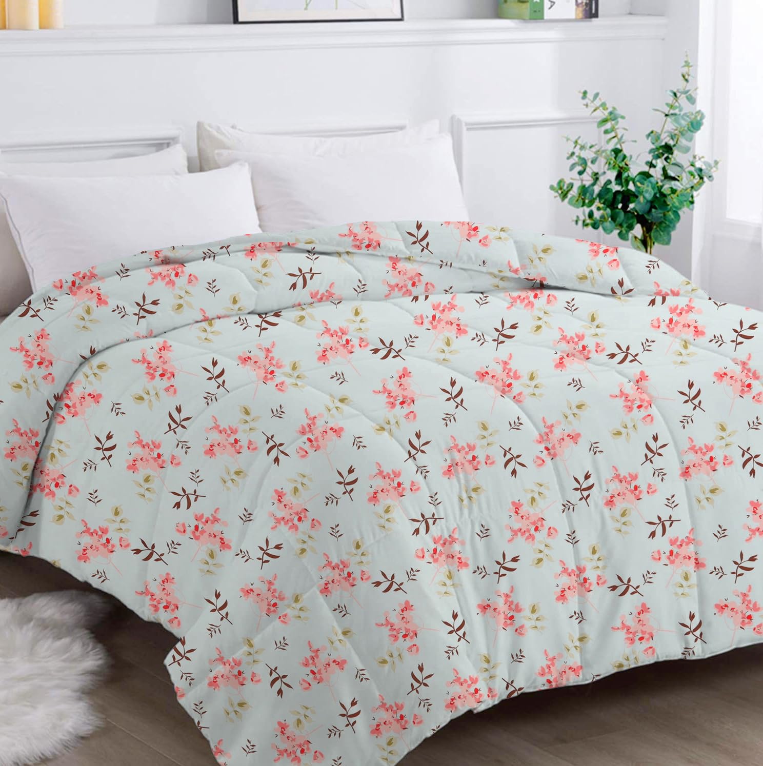 Double Bedsheet 1 Comforter 2 Pillow Covers - 90 X 100 Inches, Sky Blue & Pink, 4 Pcs Bedding Set | Cotton Summer Ac Comforter Set King Size Double Bed