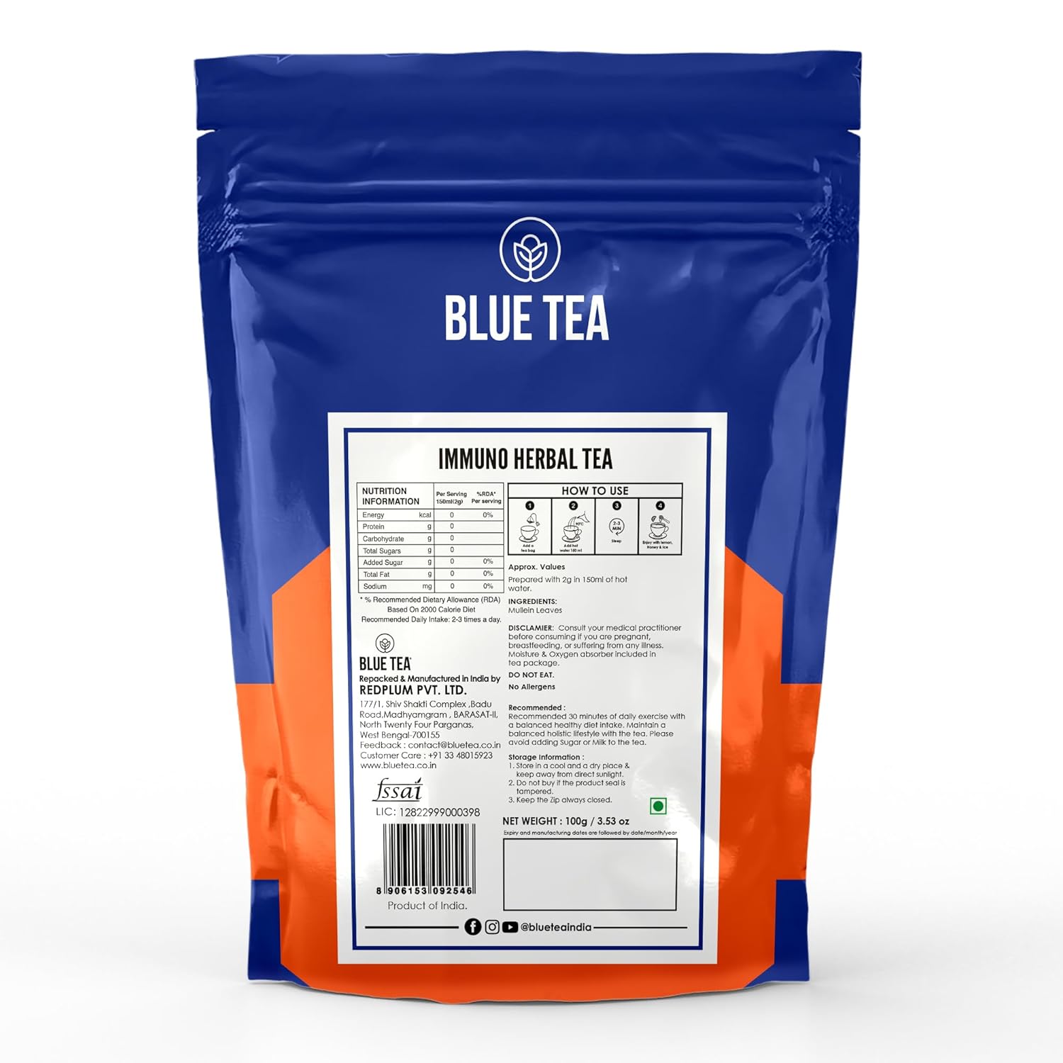 Blue Tea Caffeine Free Immuno Herbal Tea - 100gm, 3.5 Ounce, 100 Cups, Zip Lock Pack | Immunity Booster - Gluten Free, Non-GMO, Zero Sugar, 100% Vegan