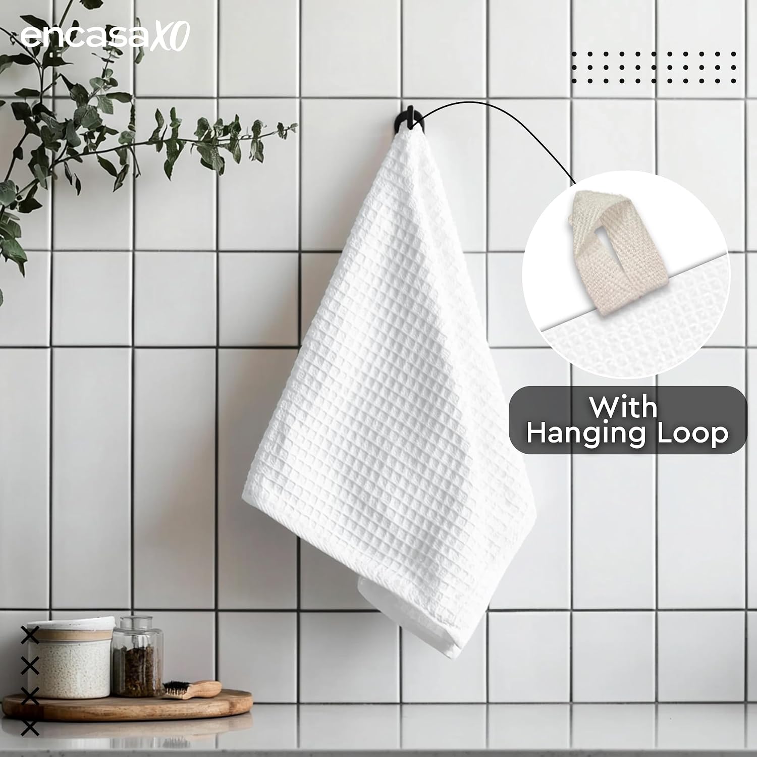 Encasa Xo Kitchen Dish Towels Set 320 Gsm | Waffle Weave & Flat Hand Tea Towel | Quick Drying Reusable Cotton Washcloths | Set Of 4 (White)