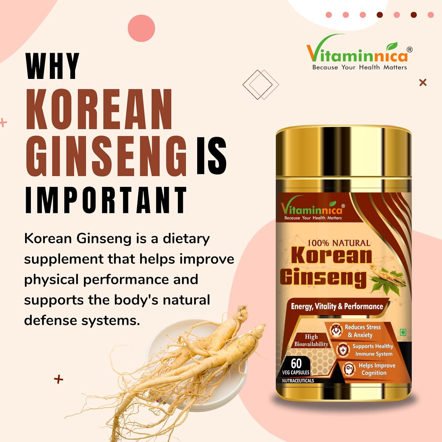 Vitaminnica Korean Ginseng Extract, Supports Stamina, Energy, Vitality, Strength | 60 Veg Capsules 100gm 0.2lbs