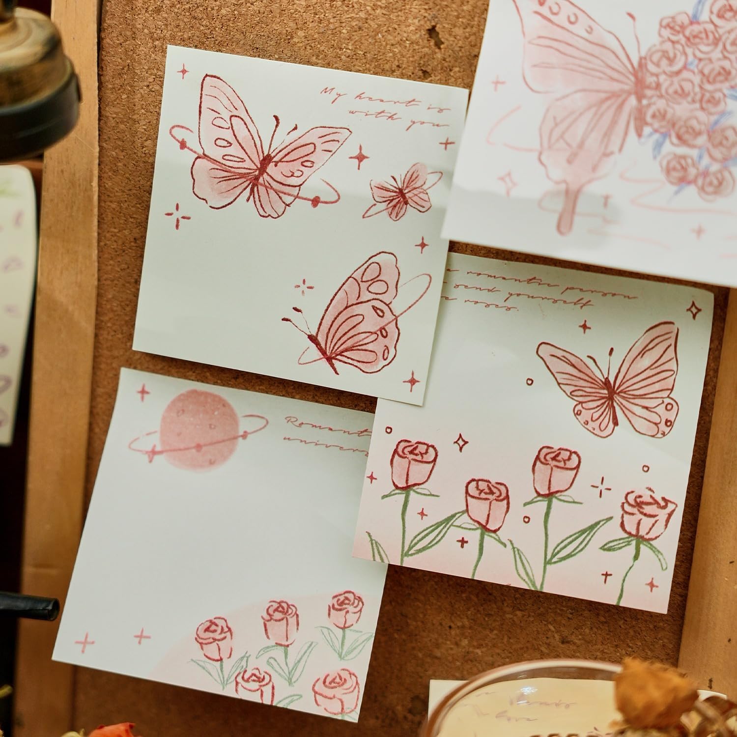 Sticky Notes Set, 200 Self Stick Memo Pad With Delicate Heart, Rose & Butterfly Designs (4)