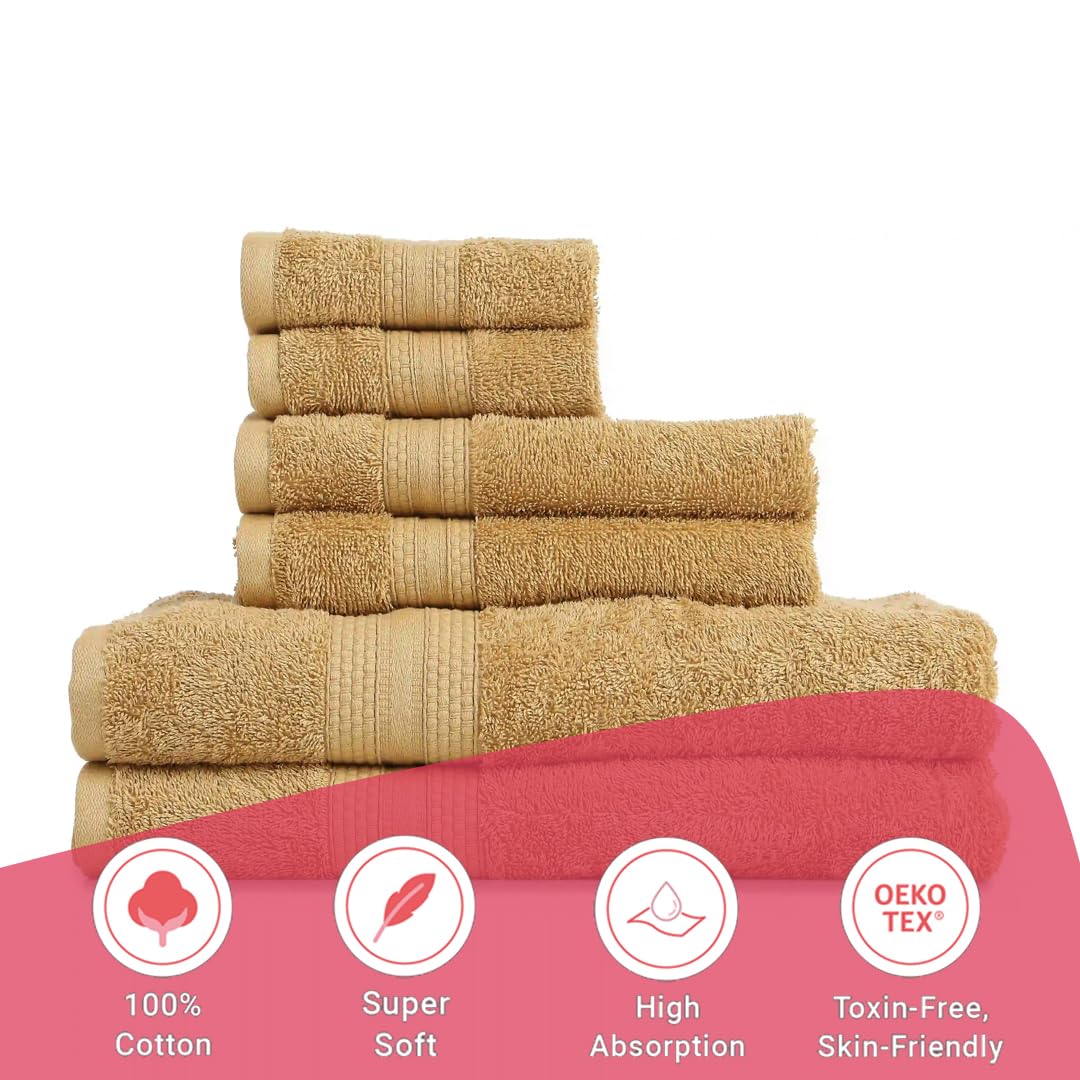 Livspace 100% Cotton 2 Bath, 2 Hand & 2 Face Towel 1300 Gsm | Solid Dyed Super Soft Absorbent & Quick-Dry For Gym & Home Paleto Collection Towel (Beige)- Set Of 6