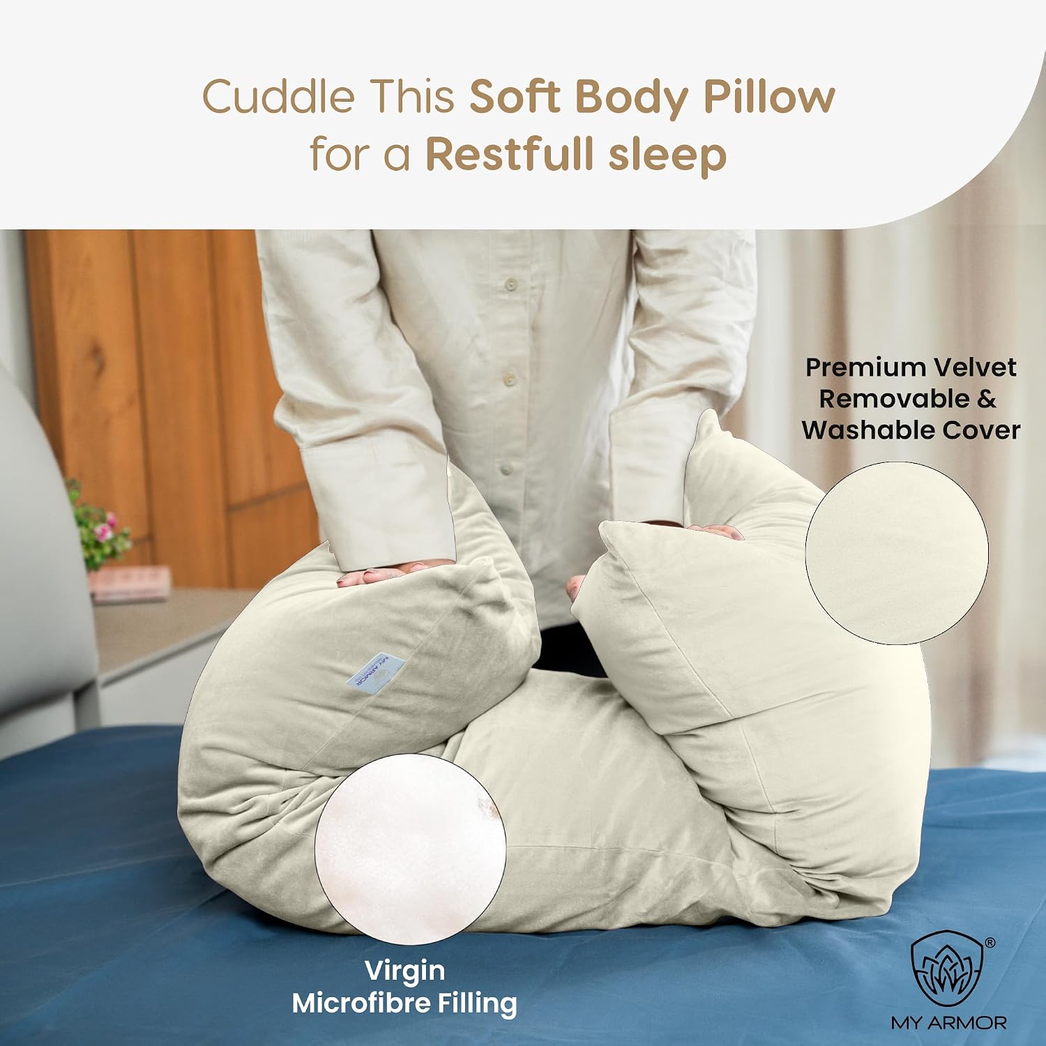 Microfiber Body Side Pillow For Sleeping For Pregnancy, Cream - 53 X16 Inch | Long Cuddle Pillow For Hugging, Relaxing, Washable, Premium Velvet Outer Cover With Zip, Adjustable Pillow