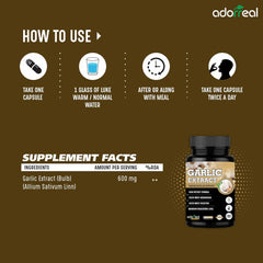 Adorreal Garlic Extract Capsules, Cardiovascular Support, Boosts Digestion, Maintains Cholesterol, Promoting Healthy Blood Flow & Circulation | 60 Capsules 100gm 0.2lbs
