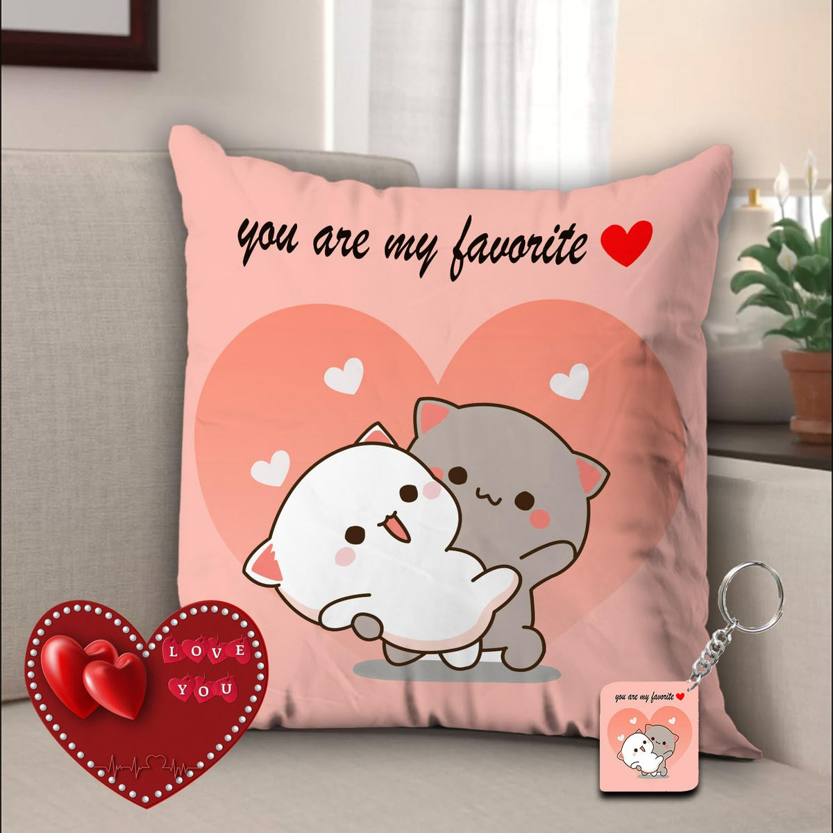 Satin Peach & Goma Mochi Cat Pillow Cushion, Keychain & Card, Peach Color - 12 X 12 Cm | Gifts For Girlfriend, Wife, Husband, Boyfriend, Pillow For Couple | Peach Goma Pillow - Pack Of 1