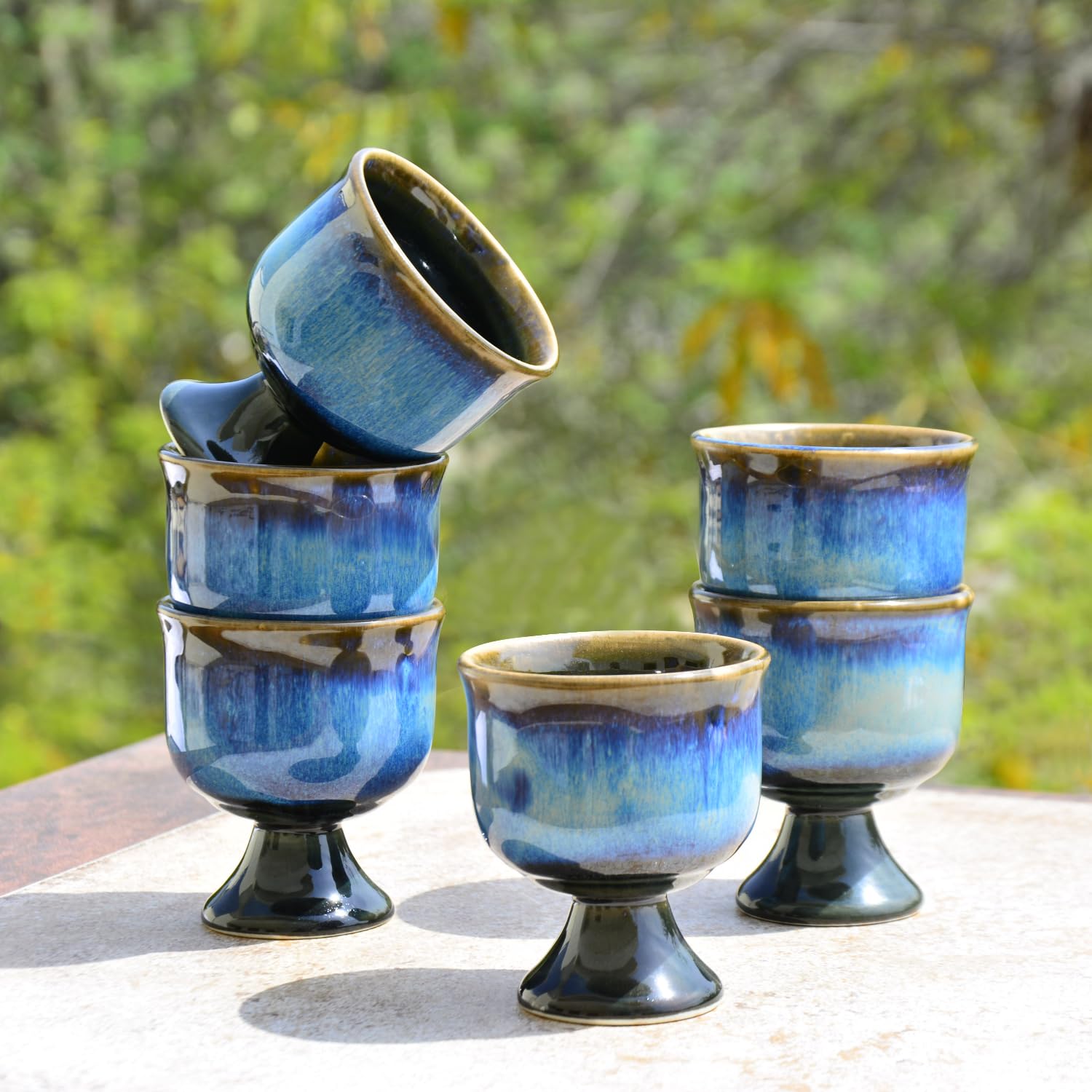 Studio Pottery Handmade Ceramic Ice Cream Cups Set Of 6 - 150ml Each, Floating Blue | Fancy Ice Cream Bowl Set - Sweet, Dessert Bowls