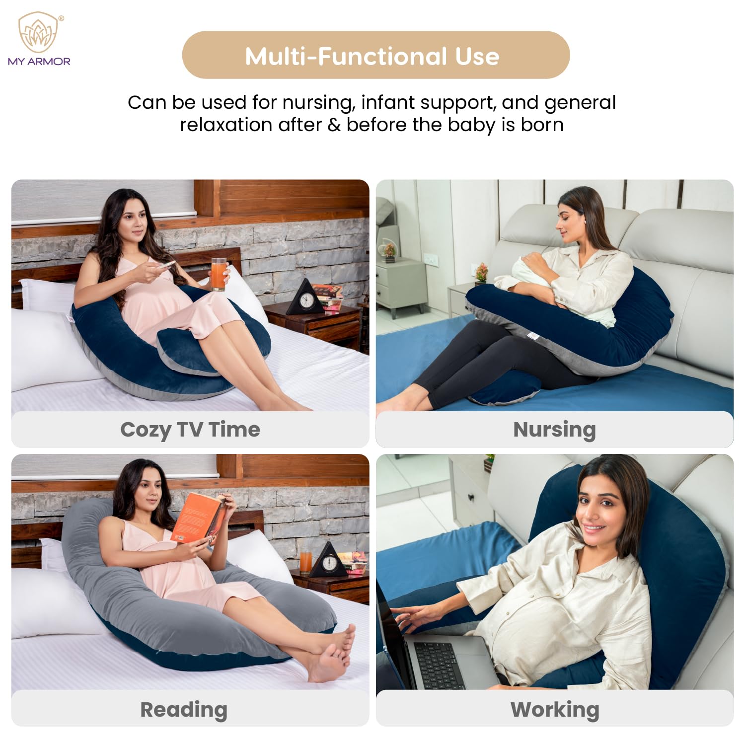 Full Body U Shape Pregnancy Pillow For Women, Maternity Pillow, Grey & Navy Blue | Pillow Gift For Pregnancy Sleeping, Premium Velvet Cover With Zip | Adjustable & Washable, Relieves Pain