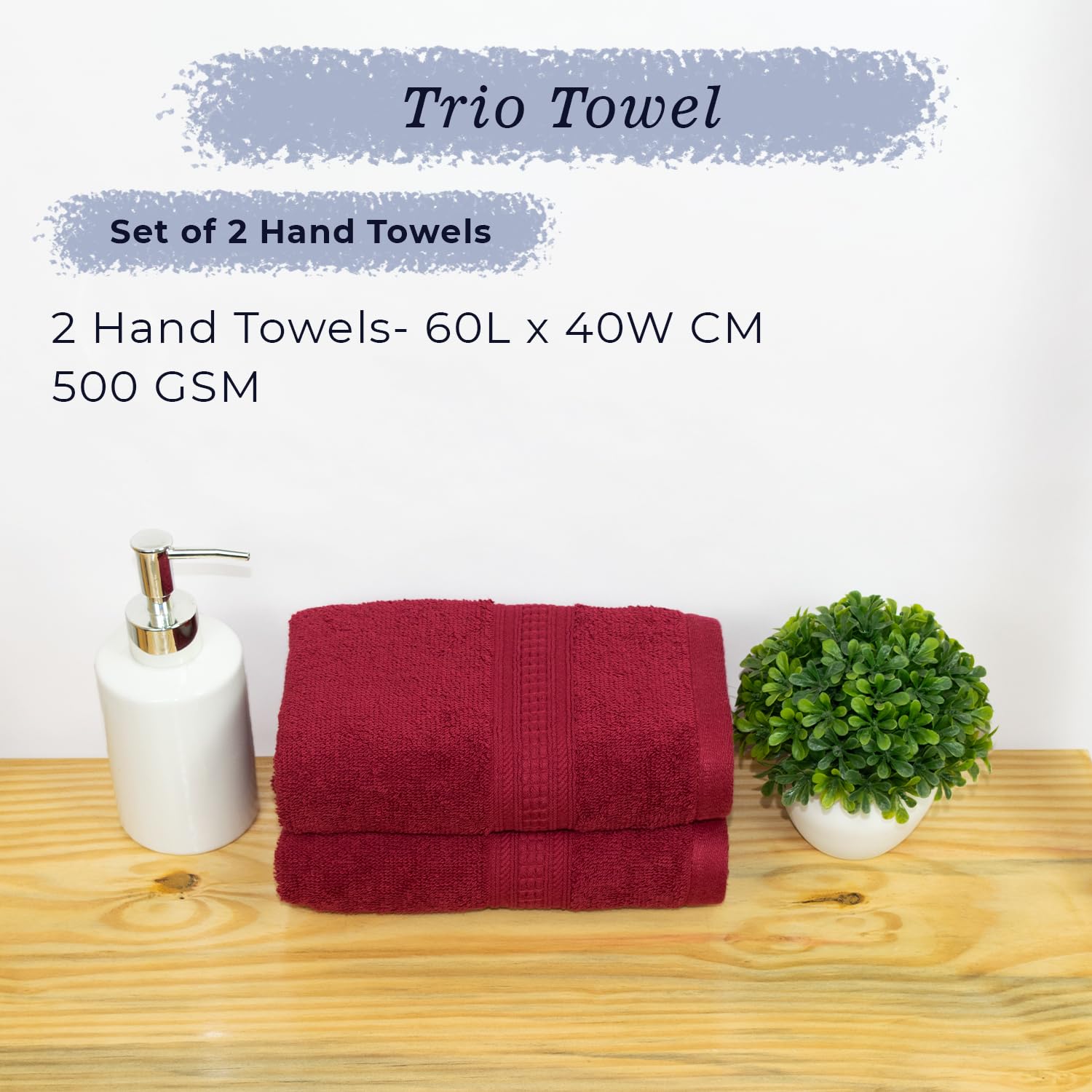 Rangoli 100% Cotton Fibre 2 Hand Towel 500 Gsm | Highly Durable & Super Absorbent Towel | Skin-Friendly & Quick Drying Luxury Towels (Maroon)
