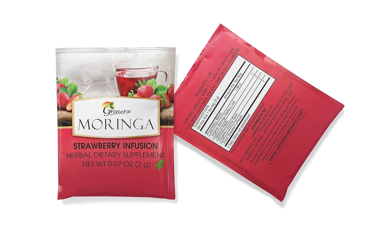 Grenera Moringa Strawberry Infusion Tea - 25 Tea Bags | Herbal Dietary Supplement - Caffeine Free, Non-GMO, Gluten Free, Staple Free