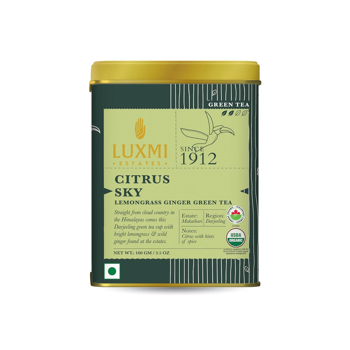 Luxmi Estates Citrus Sky Lemongrass Ginger Green Tea - 100gm Tin, 3.5 Ounce | USDA Certified Organic Darjeeling Green Tea - Natural Lemon Balm Tea - Calming, Supports Digestion