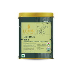 Luxmi Estates Citrus Sky Lemongrass Ginger Green Tea - 100gm Tin, 3.5 Ounce | USDA Certified Organic Darjeeling Green Tea - Natural Lemon Balm Tea - Calming, Supports Digestion