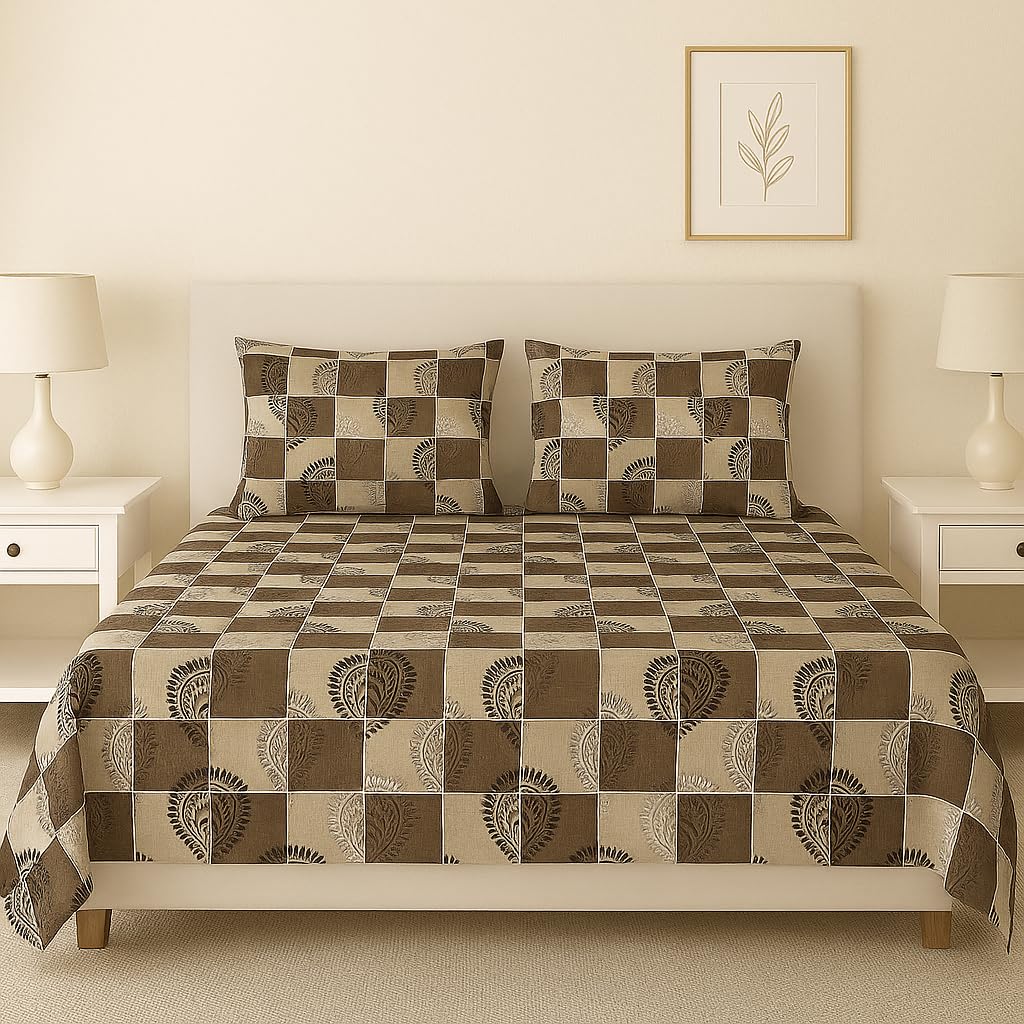 Glace Cotton Flat Double Bedsheets With 2 Pillow Covers | 90 X 90 Inches, Brown & Beige | Double Bed Breathable | Wrinkle Free & Summer