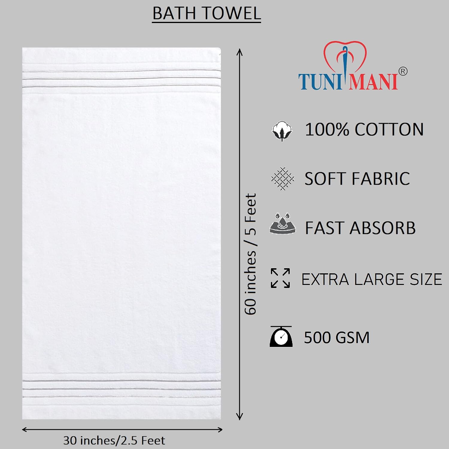 Tuni Mani 100% Cotton Turkish Bath Towel 500 Gsm | High Absorb & Quick Dry Bath Towel (White)