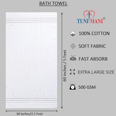 Tuni Mani 100% Cotton Turkish Bath Towel 1000 Gsm | High Absorb & Quick Dry Bath Towel (White) - Pack Of 2