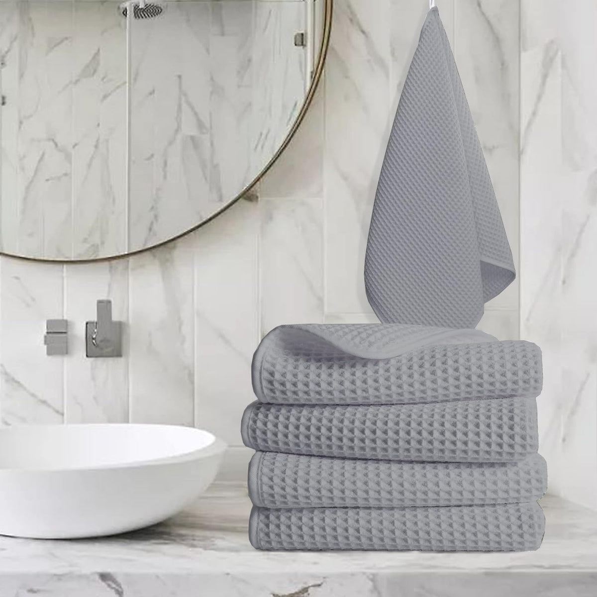 Enchant Home Pure Cotton Waffle Towel 500 Gsm | Lightweight Anti-Microbial & Water Absorbent Soft Touch Quick Drying Hand Towels | Silver (Pack Of 4)