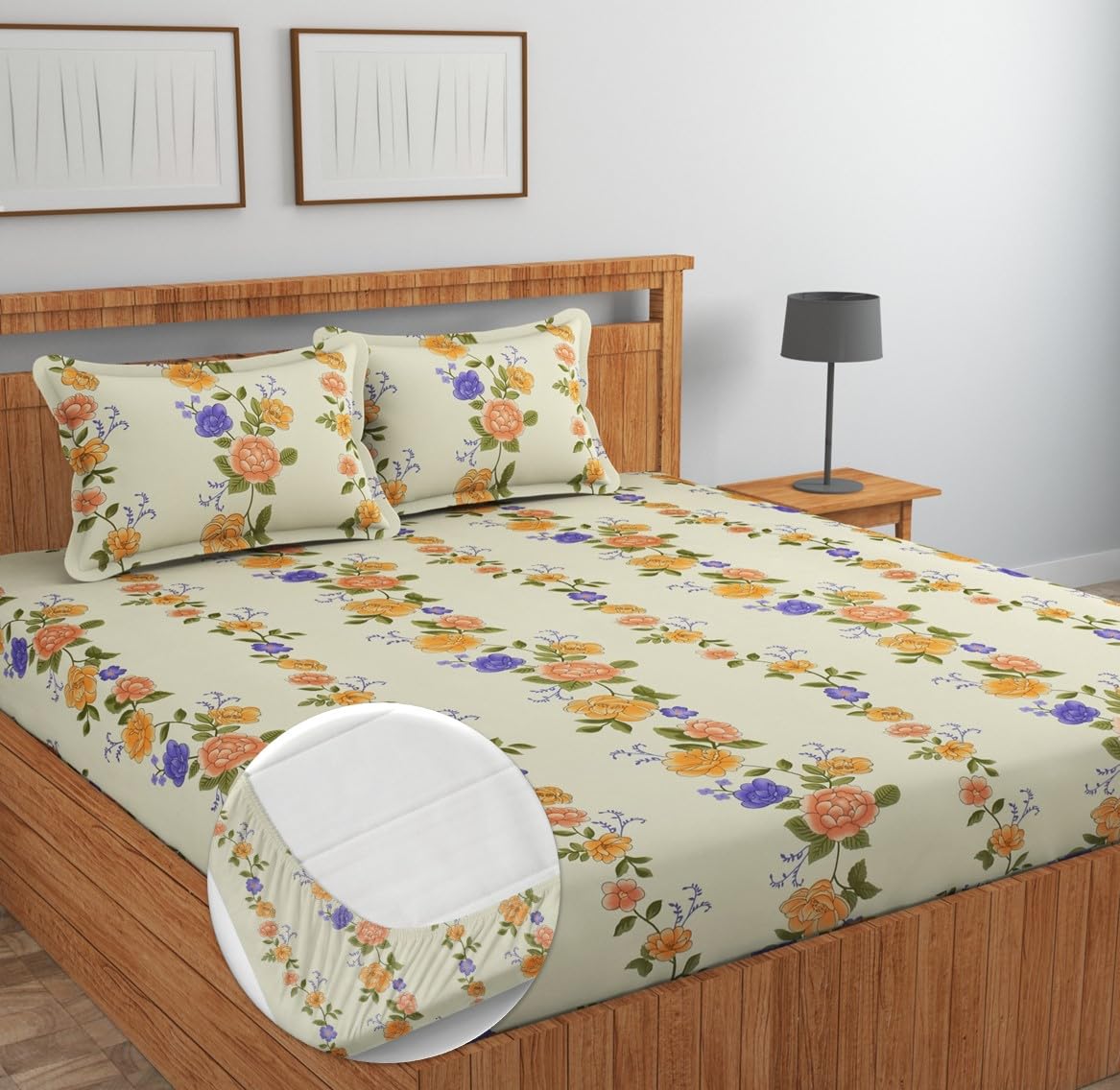 Premium Cotton Elastic Fitted Bedsheets With 2 King Size Pillow Covers - 72 X 78 + 10 Inches, Beige & Green | Super Soft Brushed Glace | Breathable & Wrinkle Free