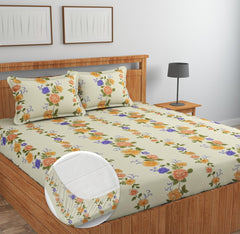 Premium Cotton Elastic Fitted Bedsheets With 2 King Size Pillow Covers - 72 X 78 + 10 Inches, Beige & Green | Super Soft Brushed Glace | Breathable & Wrinkle Free
