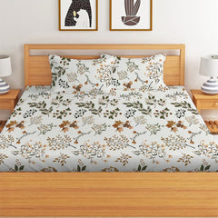 Double Bed Bedsheet With 2 Pillow Covers - 72 X 78 X 10 Inches, White & Brown | Elastic Fitted Printed King Size Bedsheet | Soft, Breathable & Wrinkle-Free
