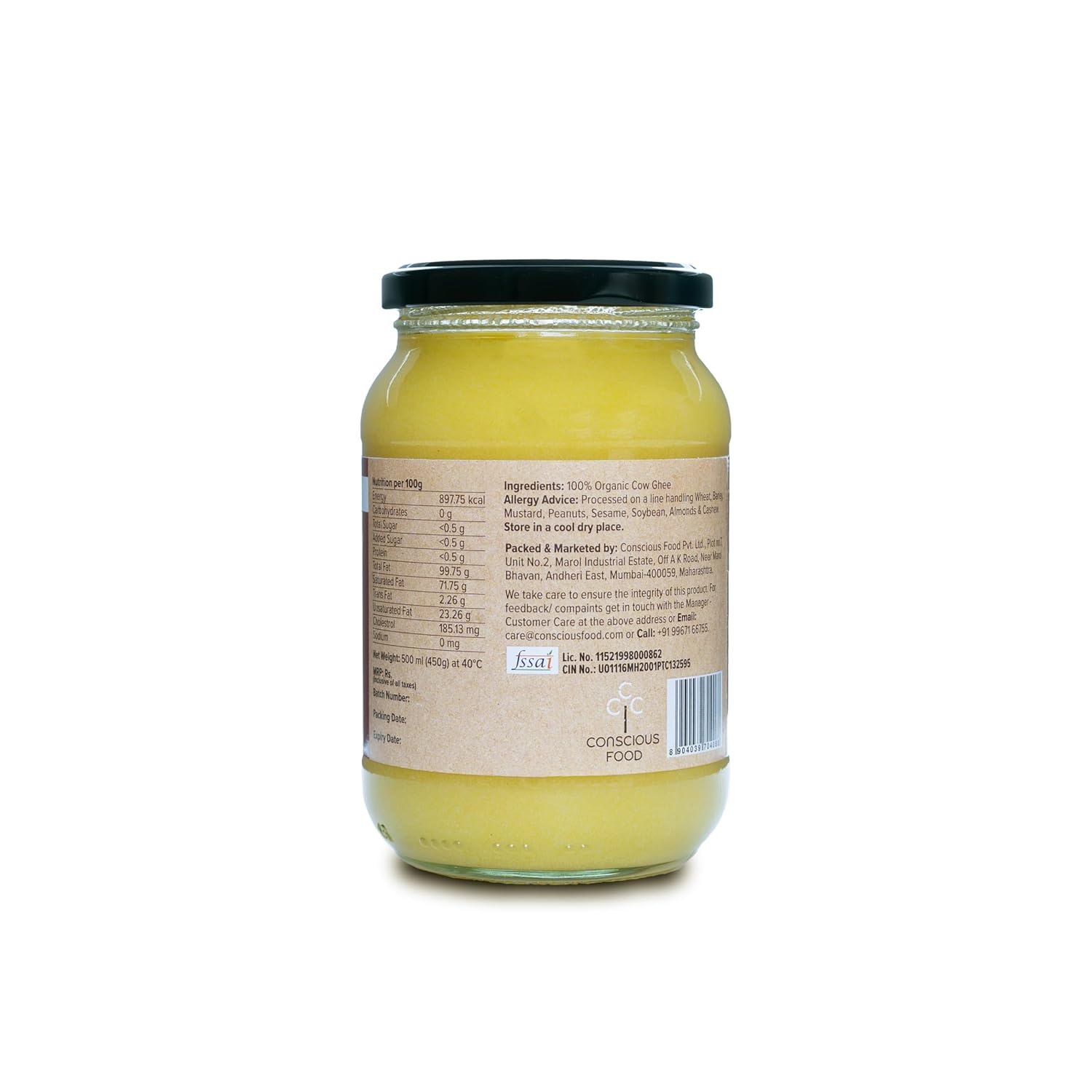 Organic Cow Ghee By Conscious Food | Good Source Of Protein Fiber & Vitamin A Healthy Desi Cow Ghee Perfect For Cooking | (500ml) 16.9 Ounce | Jar Pack