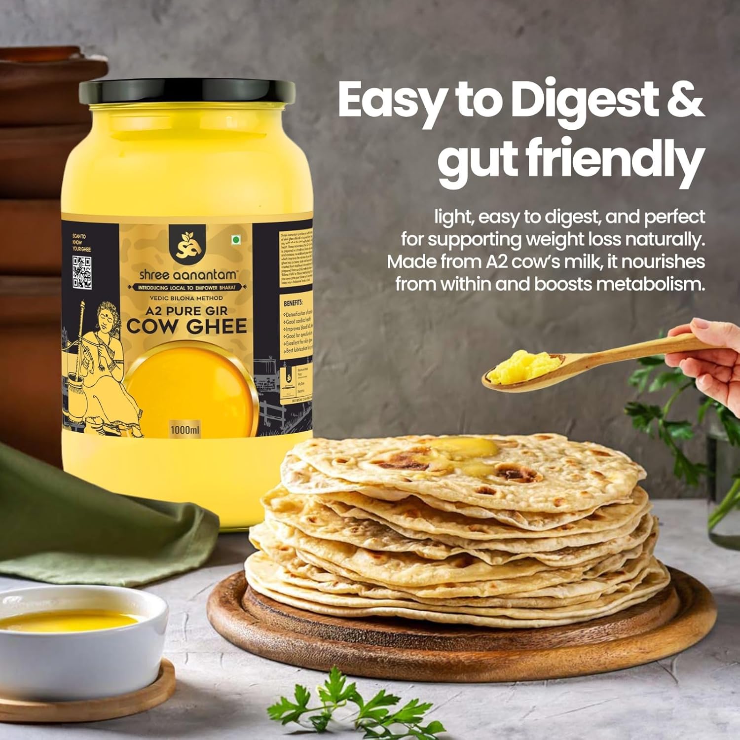 100% Natural A2 Gir Cow Desi Ghee By Shree Aanantam | Bilona Method Curd-Churned Pure A2 Desi Ghee For Bones Health | (500ml) 16.9 Ounce | Jar Pack