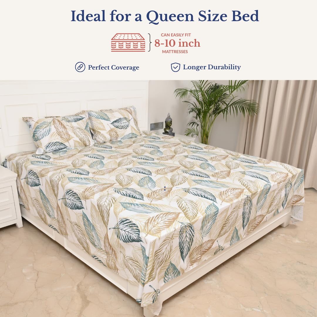 Queen Size Pure Cotton Bedsheet With 2 Pillow Covers | 90 × 100 Inches, Beige & Green | Soft Breathable Floral Design Bedding | Comfortable Sleep All Year