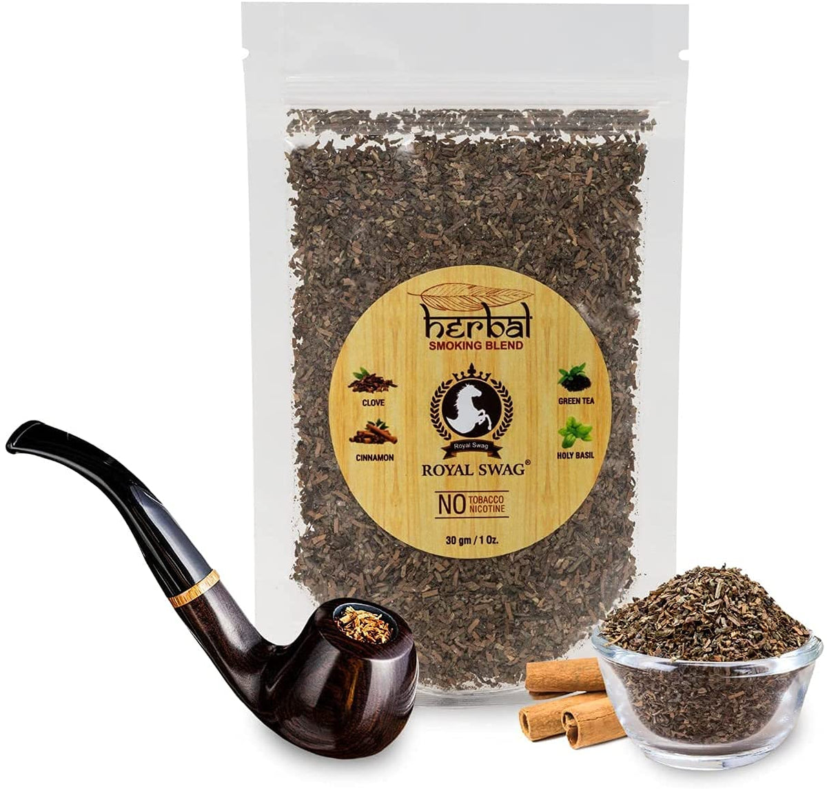 Royal Swag Tobacco & Nicotine Free Smoking Mixture Powder  Natural Herbal Smoking Blend 1 Pack (1 Oz/ 30g) With Wooden Pipe, Cardamom