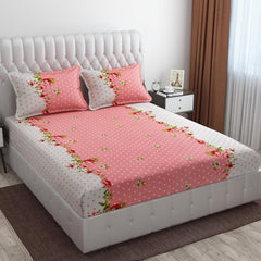 Premium Heavy Cotton Double Bedsheets With 2 King Size Pillow Covers | 72 X 78 Inches, White & Pink - Double Bed With All Around Elastic | 350 Thread Count