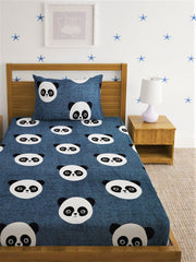 Single Bedsheet With One Matching Pillow Cover - 55 X 90 Inches, Grey | Microfiber Kids Panda Bedsheet | Normal Hand Wash Or Machine Wash